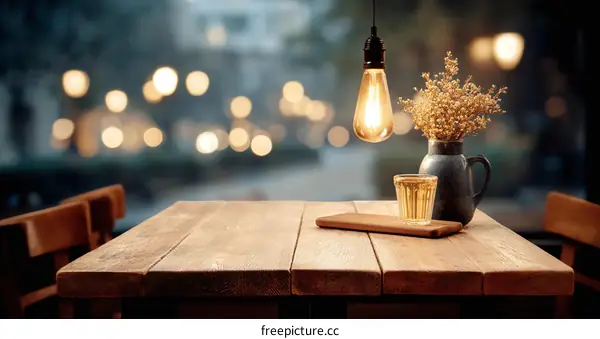 Wooden Tabletop with Cafe Ambiance