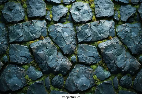 Dark rough stone wall texture with green moss growing between the cracks