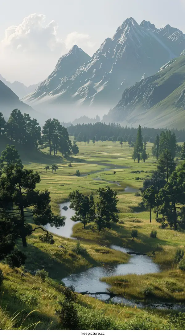 Majestic Mountain Valley with River, Trees, and Fog