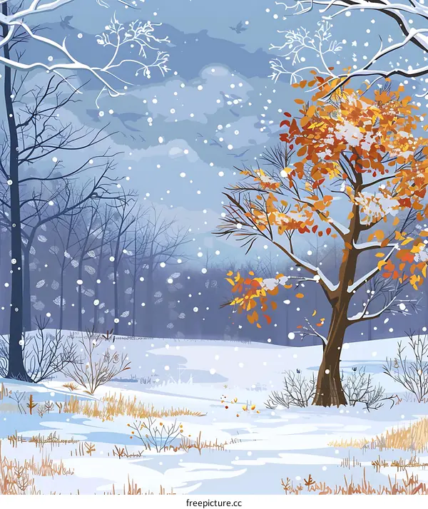 Winter Landscape with Snow Falling on Bare Trees