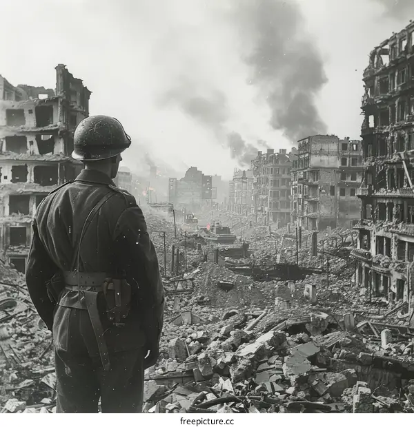 A soldier stands in the rubble of a destroyed city during World War II.
