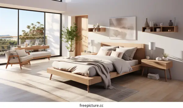 Modern bedroom interior design with large windows and a minimalist aesthetic