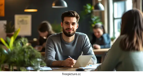Smiling Man Working on Laptop in Cafe