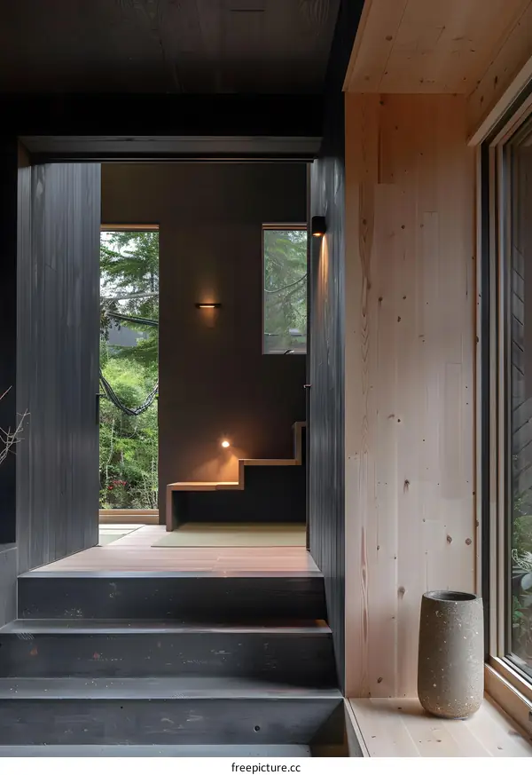 Modern Wooden Interior Design with Stairs and Window