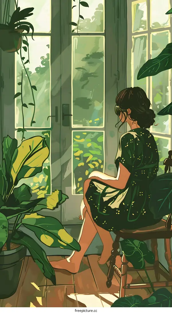 Woman Sitting By Window Looking At Green Scenery Illustration