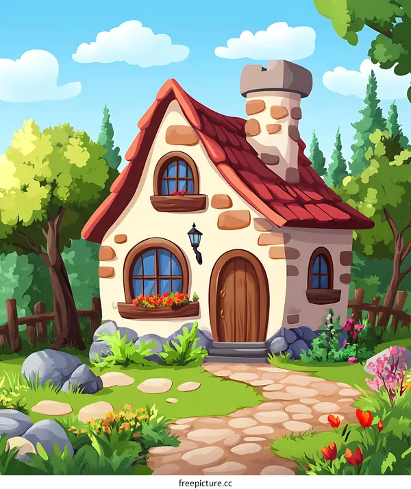 Stone Cottage in the Forest Illustration