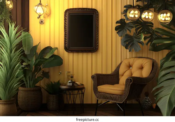 Tropical Living Room Interior Design with Wicker Chair and Plants