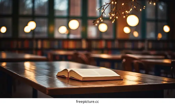 Open book on wooden table in library with blurred background