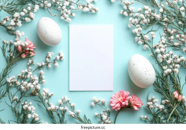 Pastel Easter Egg and Flower Arrangement on Light Blue Background