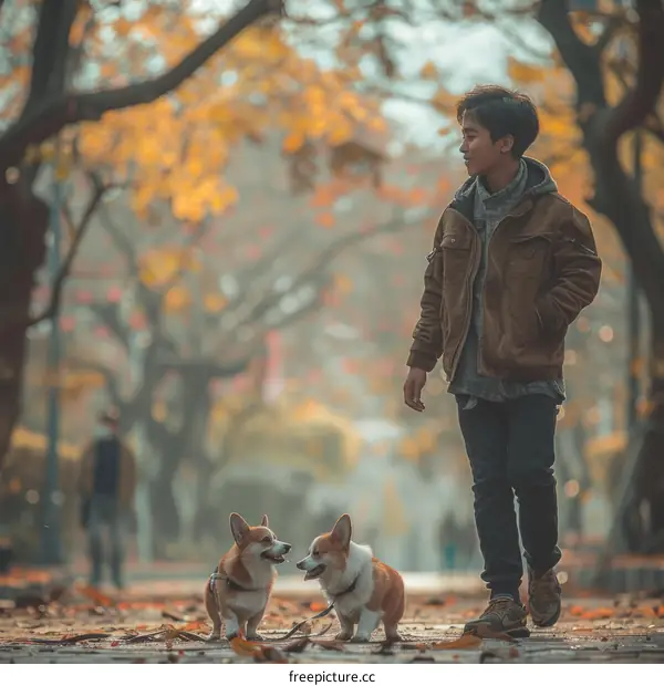 A boy walking his two corgis in the park