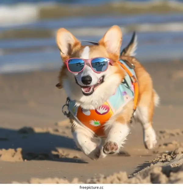 A happy corgi wearing sunglasses runs on the beach