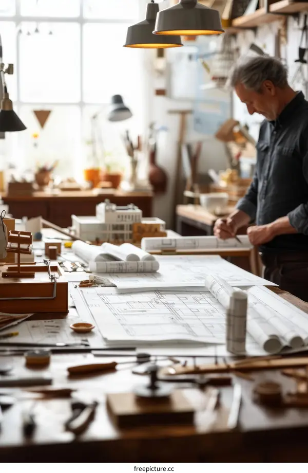 Focused male architect working on construction plans in his studio