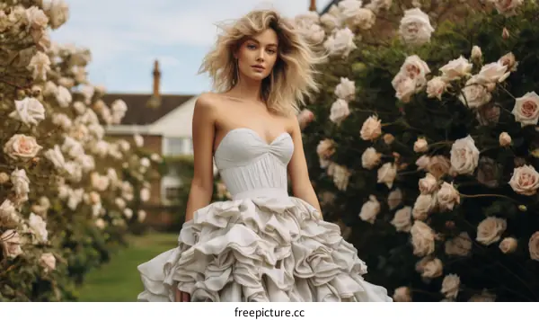 A woman wearing a white wedding dress is standing in a garden of roses.