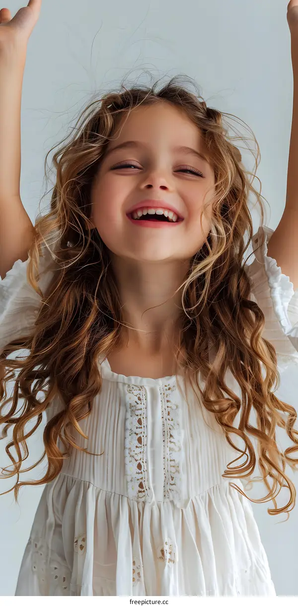 Smiling Little Girl with Blonde Hair in White Dress