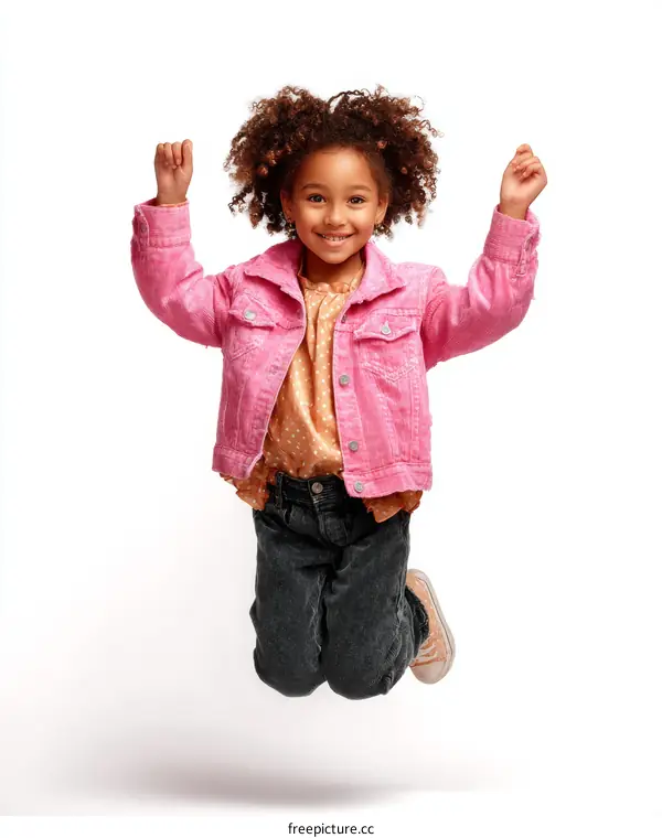 Joyful Little Girl Jumping in Pink Jacket