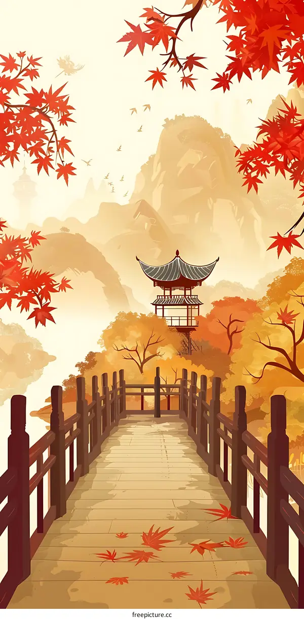 Autumn Landscape with Pagoda and Bridge