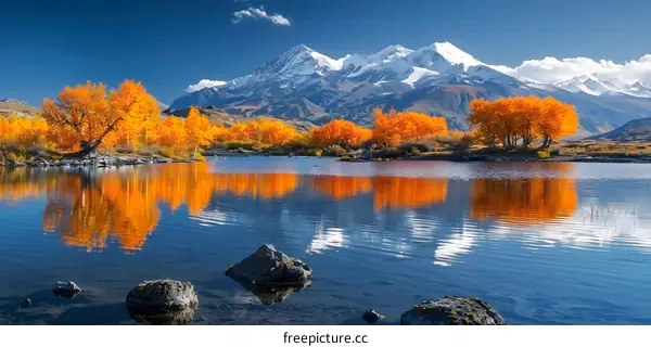 Autumn Reflection of Mountains and Trees in a Clear Lake