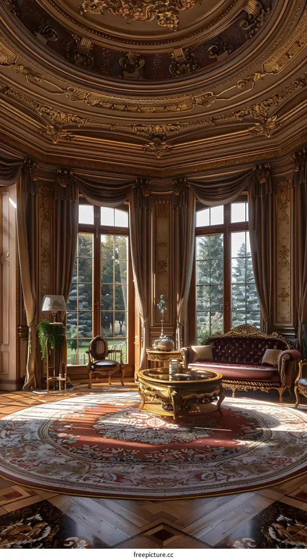 Luxurious Golden Room with Ornate Ceiling and Windows