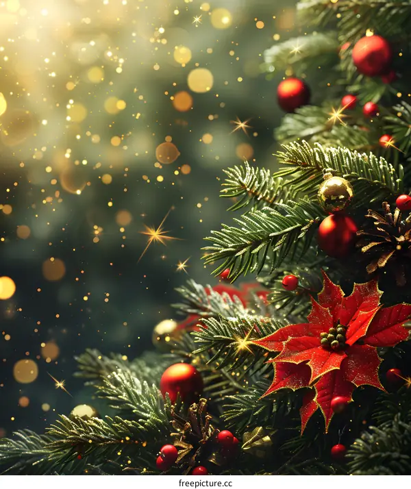 Christmas tree with red and gold ornaments and a poinsettia flower