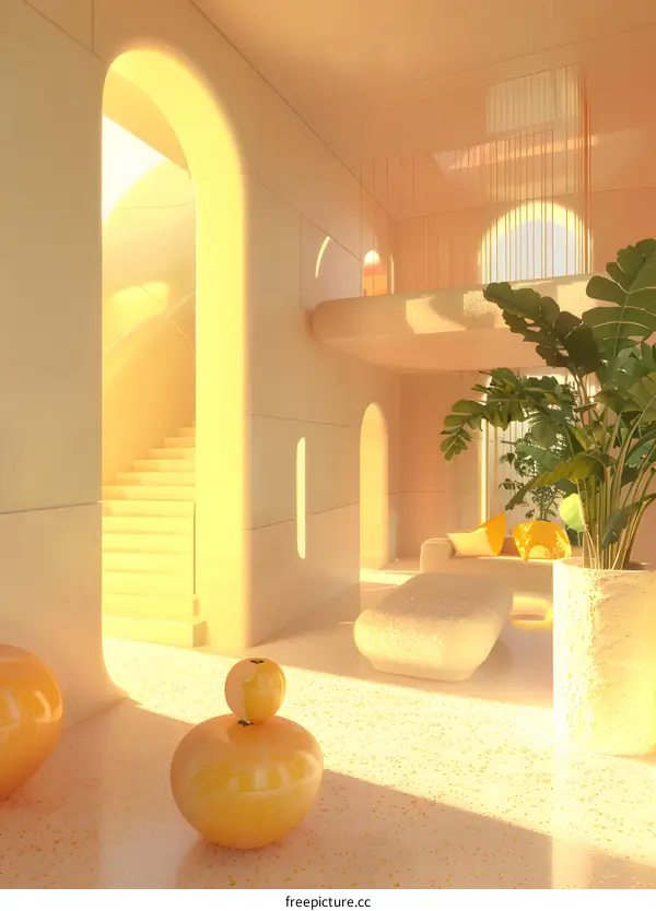 Minimalist Yellow Living Room Interior Design with Arched Windows