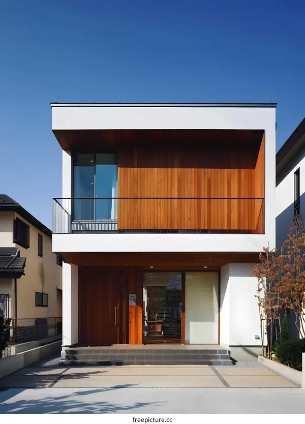 Modern Two Story House with Wood Siding and Balcony
