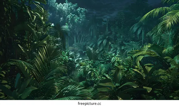 Tropical Jungle at Night with Lush Foliage