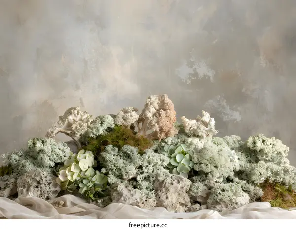 White Reindeer Moss and Dried Flowers on a Neutral Background