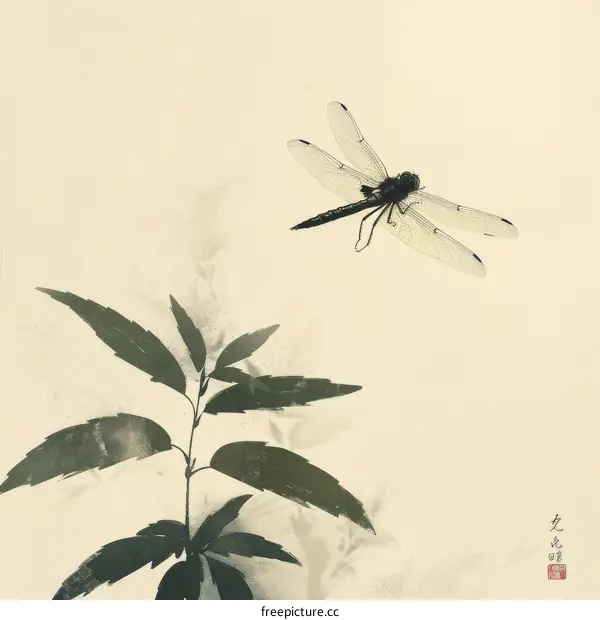 A dragonfly hovers above a plant in nature