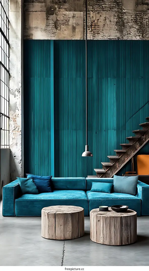 Industrial Style Living Room with Teal Walls and Wooden Furniture