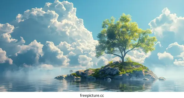 Solitary Island with Majestic Tree in the Ocean