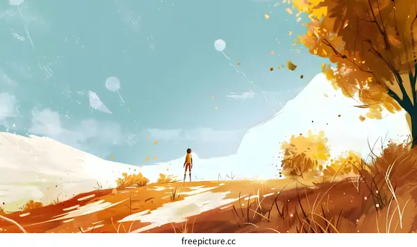 Boy Standing on a Hill with Fall Foliage and Dandelion Seeds