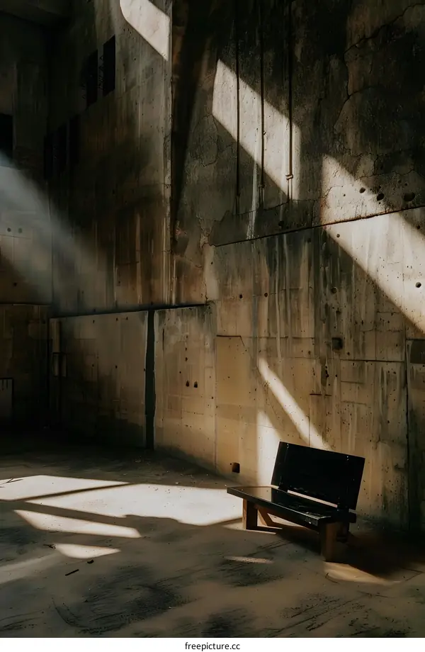 Sunlight Beams Through Concrete Walls With Bench In The Foreground