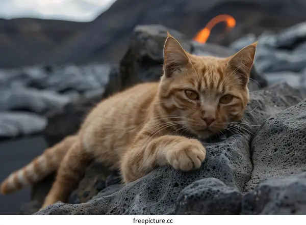 ginger cat lying on a rock in front of a lava flow