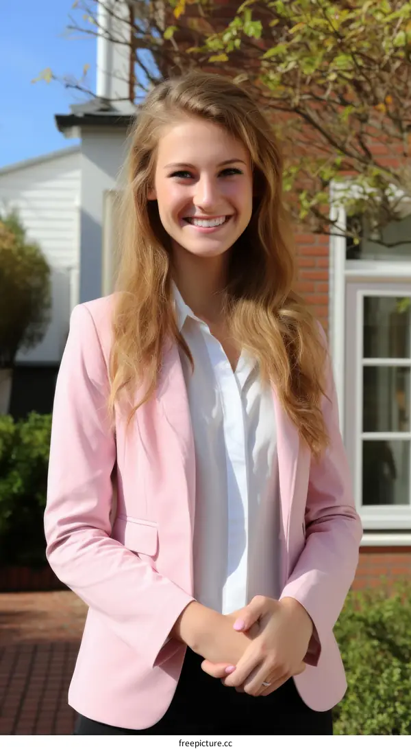 Young woman in a pink suit smiling