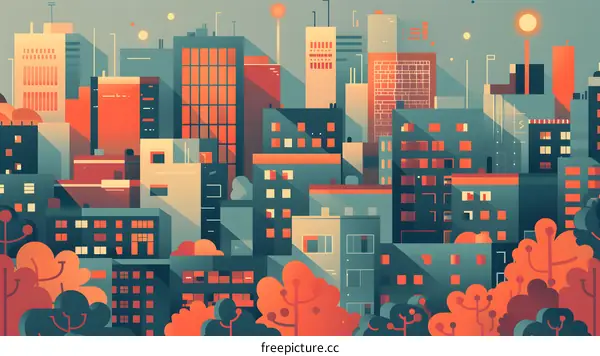 Cityscape Illustration With Buildings and Trees