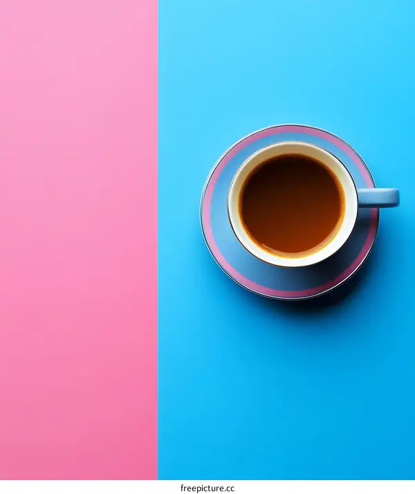 Top View of a Cup of Coffee on a Blue and Pink Background