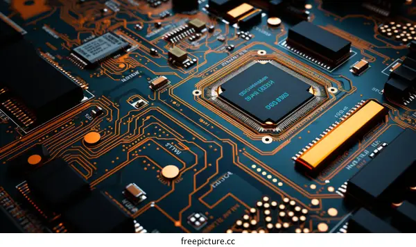 A close-up of a computer circuit board with a central processing unit (CPU) chip.
