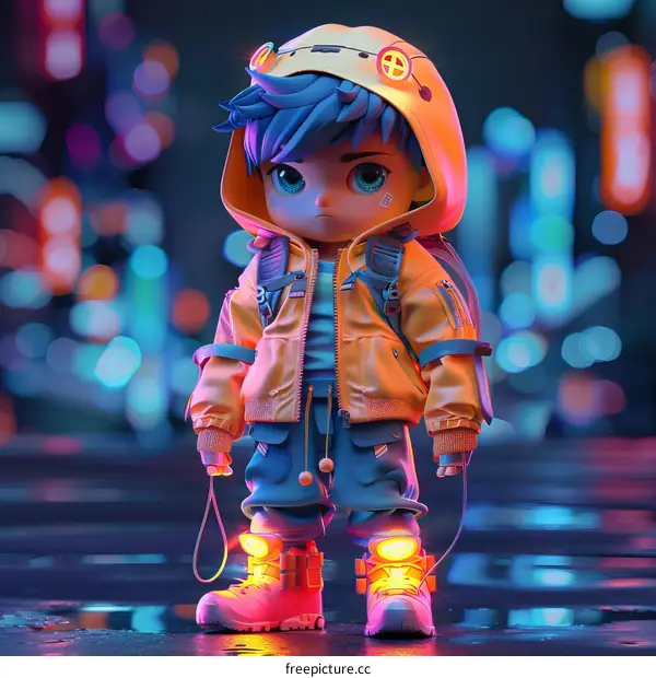 A boy with blue hair and yellow jacket standing in the rain at night