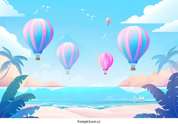 Hot Air Balloons Flying Over Tropical Beach