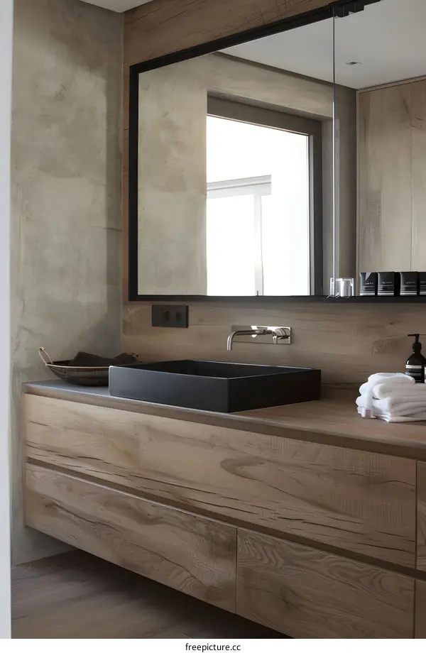 Modern Bathroom Vanity with Black Sink and Wooden Cabinet