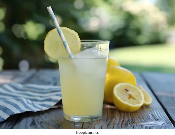 Refreshing Lemonade with Lemon Slices and Straw on Wooden Table