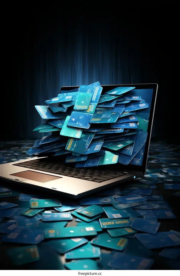 Laptop with blue credit cards flowing out of the screen