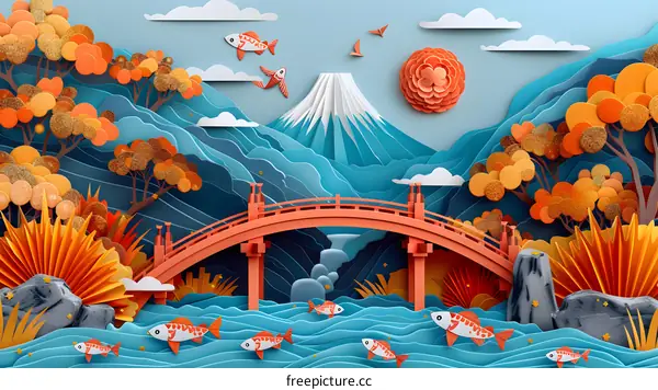 A paper cut illustration of a Japanese landscape with a bridge, trees, and mountains