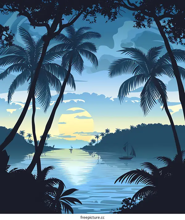 Silhouette of Palm Trees and a Sailboat at Sunset