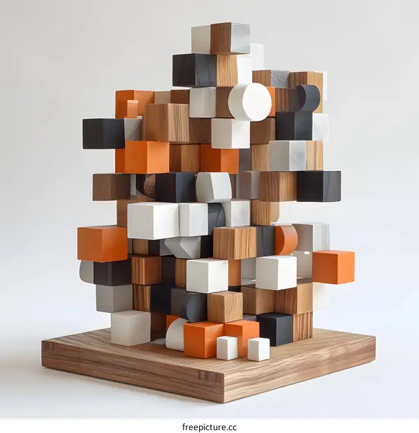 Wooden blocks of various shapes and colors arranged in a chaotic manner