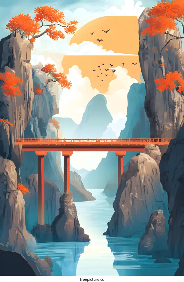 Red Bridge Over Mountain River Landscape Painting