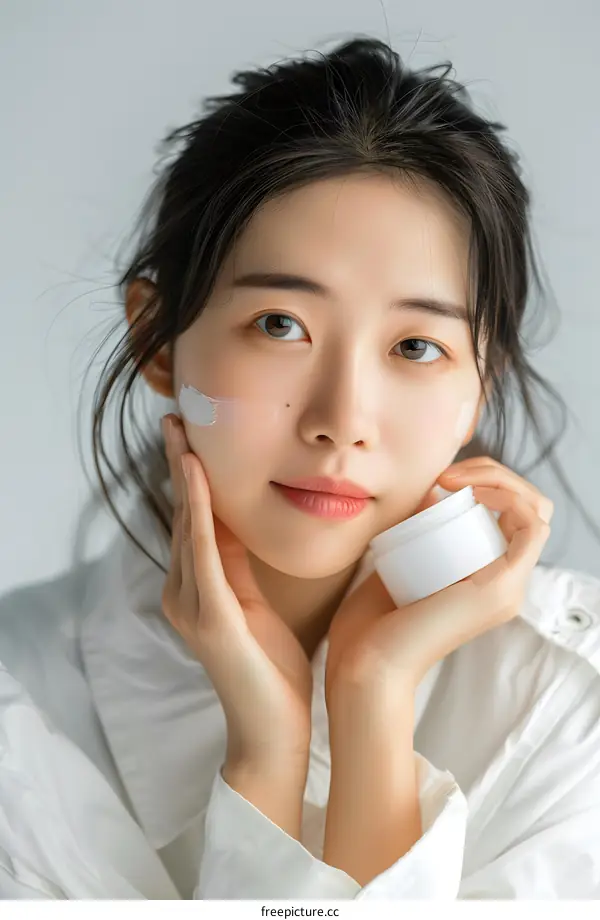 Young Woman Applying Facial Cream on Her Skin