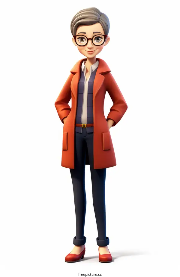 3D illustration of a smiling woman wearing glasses and a red coat