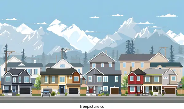 Mountain View Houses Landscape Illustration