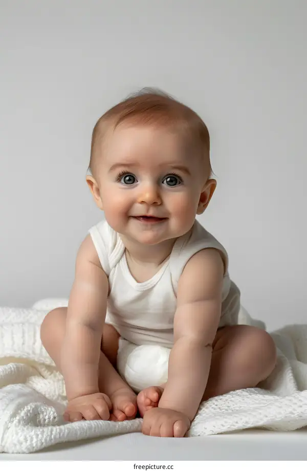 An adorable baby girl with big green eyes is sitting on a white blanket and smiling at the camera